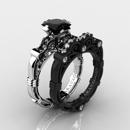 Art Masters Caravaggio 14K Black and White Gold 1.25 Ct Princess Black and White Diamond Engagement Ring Wedding Band Set R623PS-14KWBGDBD
