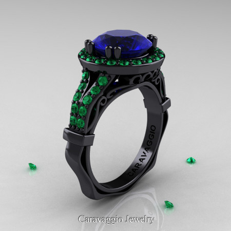 Caravaggio 14K Black Gold 3.0 Ct Blue Sapphire Emerald Engagement Ring Wedding Ring R620-14KBGEMBS