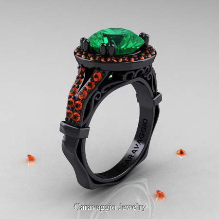 Caravaggio 14K Black Gold 3.0 Ct Emerald Orange Sapphire Engagement Ring Wedding Ring R620-14KBGOSEM