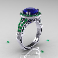 Caravaggio 14K White Gold 3.0 Ct Blue Sapphire Emerald Engagement Ring Wedding Ring R620-14KWGEMBS