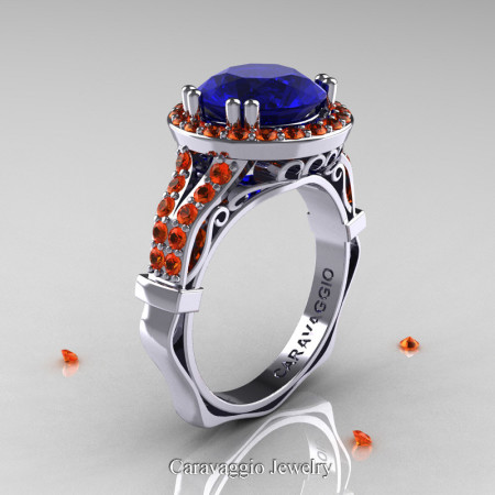 Caravaggio 14K White Gold 3.0 Ct Blue and Orange Sapphire Engagement Ring Wedding Ring R620-14KWGOSBS
