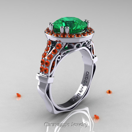 Caravaggio 14K White Gold 3.0 Ct Emerald Orange Sapphire Engagement Ring Wedding Ring R620-14KWGOSEM