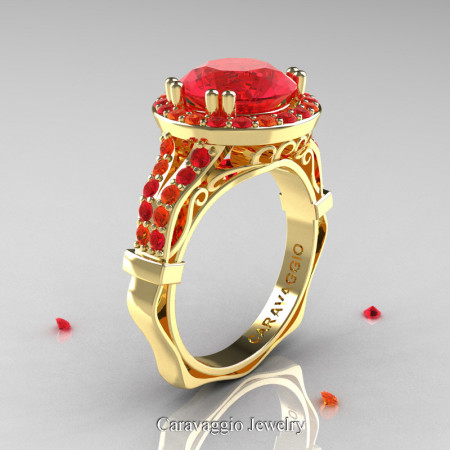 Caravaggio 14K Yellow Gold 3.0 Ct Ruby Orange Sapphire Engagement Ring Wedding Ring R620-14KYGOSR