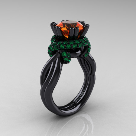 High Fashion 14K Black Gold 3.0 Ct Orange Sapphire Emerald Knot Engagement Ring R390-14KBGEMOS