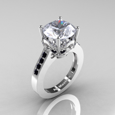 Classic 14K White Gold 3.0 Ct White Sapphire Black Diamond Solitaire Wedding Ring R301-14KWGBDWS