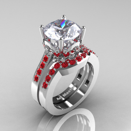 Classic 14K White Gold 3.0 Ct White Sapphire Ruby Solitaire Wedding Ring Set R301S-14KWGRWS