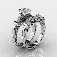 Art Masters Caravaggio 14K White Gold 1.25 Ct Princess White Sapphire Diamond Engagement Ring Wedding Band Set R623PS-14KWGDWS