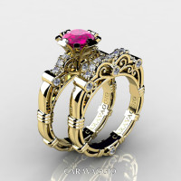 Art Masters Caravaggio 14K Yellow Gold 1.0 Ct Pink Sapphire Diamond Engagement Ring Wedding Band Set R623S-14KYGDPS