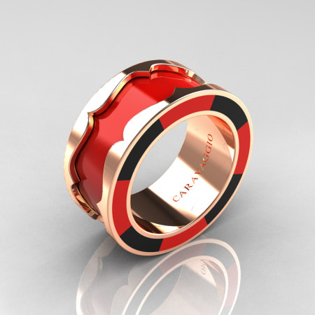 Caravaggio 14K Rose Gold Red and Black Italian Enamel Wedding Band Ring R618F-14KRGBLREN