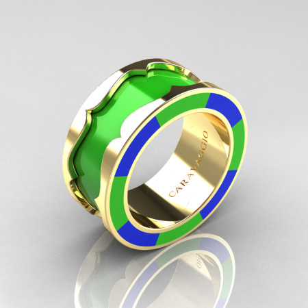Caravaggio 14K Yellow Gold Lime Green and Blue Italian Enamel Wedding Band Ring R618F-14KYGBLGE