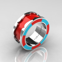 Caravaggio 14K White Gold Red and Turquoise Blue Italian Enamel Wedding Band Ring R618F-14KWGTBREN