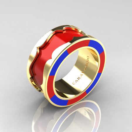 Caravaggio 14K Yellow Gold Red and Blue Italian Enamel Wedding Band Ring R618F-14KYGBREN