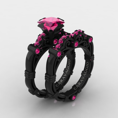 Art Masters Caravaggio 14K Black Gold 1.25 Ct Princess Pink Sapphire Engagement Ring Wedding Band Set R623PS-14KBGPS