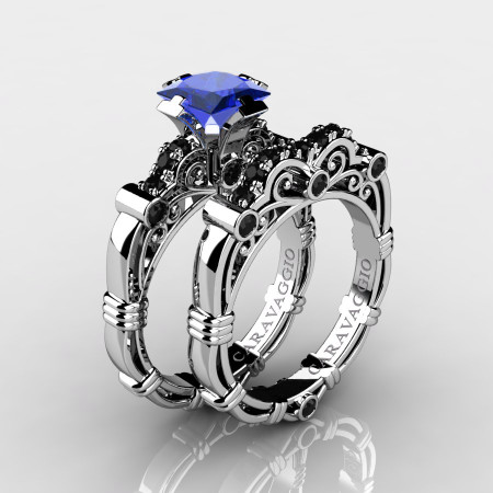Art Masters Caravaggio 14K White Gold 1.25 Ct Princess Blue Sapphire Black Diamond Engagement Ring Wedding Band Set R623PS-14KWGBDBS