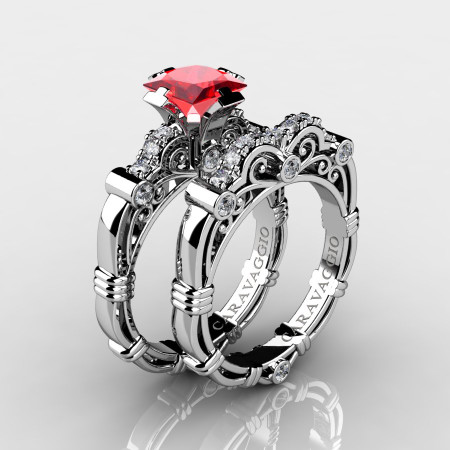 Art Masters Caravaggio 14K White Gold 1.25 Ct Princess Ruby Diamond Engagement Ring Wedding Band Set R623PS-14KWGDR