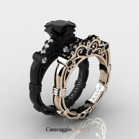 Caravaggio 14K Black and Rose Gold 1.25 Ct Princess Black and White Diamond Engagement Ring Wedding Band Set R623PS-14KBRGDBD