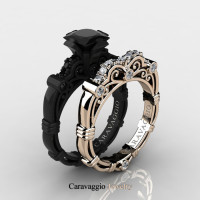 Caravaggio 14K Black and Rose Gold 1.25 Ct Princess Black and White Diamond Engagement Ring Wedding Band Set R623PS2-14KBRGDBD
