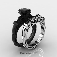Art Masters Caravaggio 14K Black and White Gold 1.25 Ct Princess Black Diamond Engagement Ring Wedding Band Set R623PS-14KBWGBD