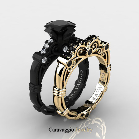 Caravagio-14K-Black-and-Yellow-Gold-1-25-Carat-Princess-Black-and-White-Diamond-Engagement-Ring-Wedding-Band-Set-R623PS-14KBYGDBD-P