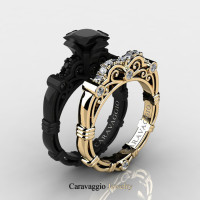 Caravaggio 14K Black and Yellow Gold 1.25 Ct Princess Black and White Diamond Engagement Ring Wedding Band Set R623PS2-14KBYGDBD