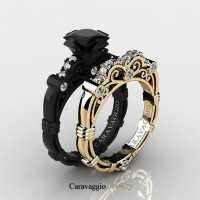 Caravaggio 14K Black and Yellow Gold 1.25 Ct Princess Black and White Diamond Engagement Ring Wedding Band Set R623PS3-14KBYGDBD