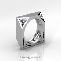 Mens Avant Garde 14K White Gold 1.0 Ct Triangle White Sapphire Wedding Ring R349M2-14KWGWS