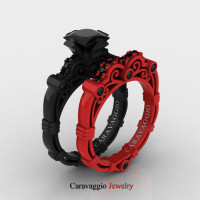 London Exclusive Caravaggio 14K Black and Red Gold 1.25 Ct Princess Black Diamond Engagement Ring Wedding Band Set R623PS-14KBREGBD