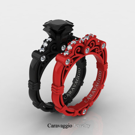 Caravaggio-London-14K-Black-and-Red-Gold-1-25-Carat-Princess-Black-and-White-Diamond-Engagement-Ring-Wedding-Band-Set-R623PS-14KBREGDBD-P