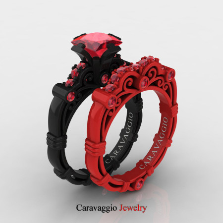 Caravaggio-London-14K-Black-and-Red-Gold-1-25-Carat-Princess-Ruby-Engagement-Ring-Wedding-Band-Set-R623PS-14KBREGR-P