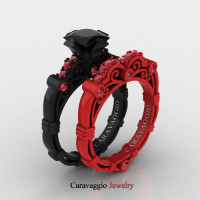 London Exclusive Caravaggio 14K Black and Red Gold 1.25 Ct Princess Black Diamond Ruby Engagement Ring Wedding Band Set R623PS-14KBREGRBD