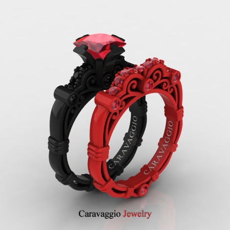 Caravagio-London-14K-Black-and-Red-Gold-1-25-Carat-Princess-Ruby-Black-Diamond-Engagement-Ring-Wedding-Band-Set-R623PS2-14KBREGBDR-P