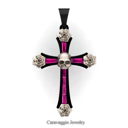 Caravaggio-Bridal-14K-Black-Rose-Gold-Baguette-Pink-Sapphire-Roses-Skull-on-Cross-Pendant-Wedding-Jewelry-C487S-14KBRGPS-T