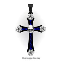 Caravaggio Bridal 14K Black and White Gold Baguette Blue Sapphire Rose Skull and Cross Pendant Wedding Jewelry C487S-14KBWGBS