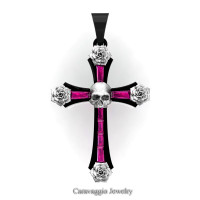 Caravaggio Bridal 14K Black and White Gold Baguette Pink Sapphire Rose Skull and Cross Pendant Wedding Jewelry C487S-14KBWGPS