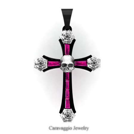 Caravaggio-Bridal-14K-Black-White-Gold-Baguette-Pink-Sapphire-Roses-Skull-on-Cross-Pendant-Wedding-Jewelry-C487S-14KBWGPS-T