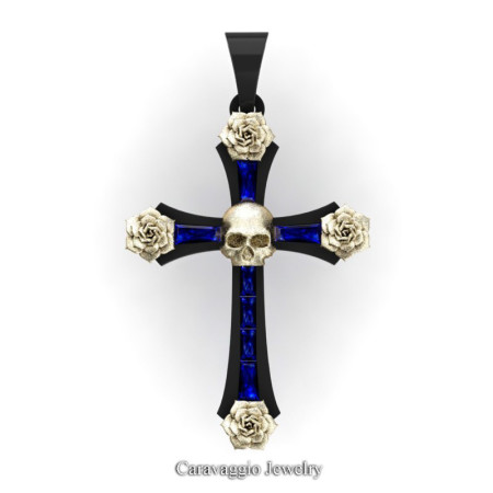 Caravaggio-Bridal-14K-Black-Yellow-Gold-Baguette-Blue-Sapphire-Roses-Skull-on-Cross-Pendant-Wedding-Jewelry-C487S-14KBYGBS-T