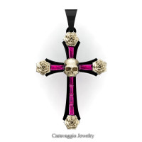 Caravaggio Bridal 14K Black and Yellow Gold Baguette Pink Sapphire Rose Skull and Cross Pendant Wedding Jewelry C487S-14KBYGPS