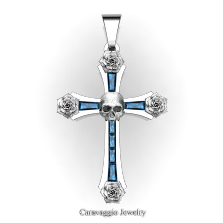 Caravaggio-Bridal-14K-White-Gold-Baguette-London-Blue-Sapphire-Roses-Skull-on-Cross-Pendant-Wedding-Jewelry-C487S-14KWGLBS-T