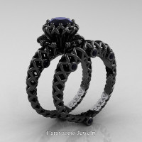 Caravaggio Lace 14K Black Gold 1.0 Ct Black Diamond Engagement Ring Wedding Band Set R634S-14KBGBD