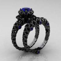 Caravaggio Lace 14K Black Gold 1.0 Ct Blue Sapphire Engagement Ring Wedding Band Set R634S-14KBGBS