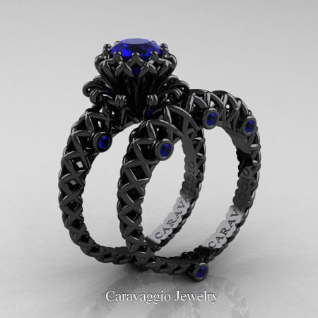 Caravaggio-Lace-14K-Black-Gold-1-Carat-Blue-Sapphire-Engagement-Ring-Wedding-Band-Bridal-Set-R634S-14KBGBS-P