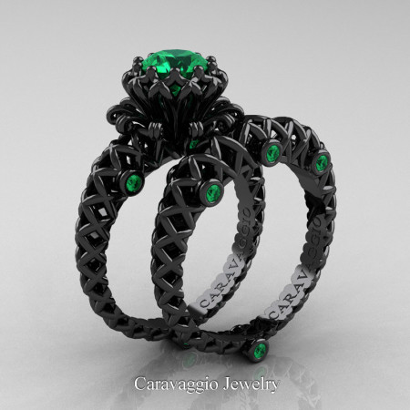 Caravaggio-Lace-14K-Black-Gold-1-Carat-Emerald-Engagement-Ring-Wedding-Band-Bridal-Set-R634S-14KBGEM-P