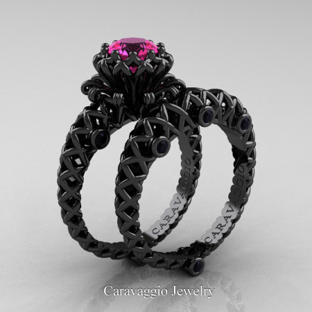 Caravaggio-Lace-14K-Black-Gold-1-Carat-Pink-Sapphire-Black-Diamond-Engagement-Ring-Wedding-Band-Bridal-Set-R634S-14KBGBDPS-P
