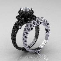 Caravaggio Lace 14K Black and White Gold 1.0 Ct White Sapphire Black and White Diamond Engagement Ring Wedding Band Set R634S-14KBWGDBDWS