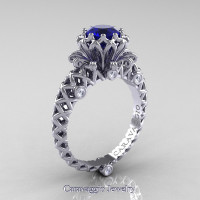 Caravaggio Lace 14K White Gold 1.0 Ct Blue Sapphire Diamond Engagement Ring R634-14KWGDBS