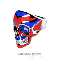 Mens Modern American 14K White Gold Red and Blue Enamel Skull Ring R635-14KWGREBL