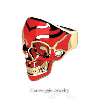 Mens Modern Italian 14K Yellow Gold Red Enamel Skull Ring R635-14KYGRE