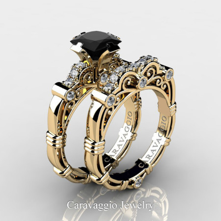 Art-Masters-Caravagio-14K-Yellow-Gold-1-5-Carat-Princess-Black-and-White-Diamond-Engagement-Ring-Wedding-Band-Set-R623PS-14KYGDBD-P