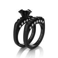 Caravaggio Classic 14K Black Gold 1.0 Ct Black and White Diamond Engagement Ring Wedding Band Set R637S-14KBGDBD