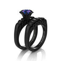 Caravaggio Classic 14K Black Gold 1.0 Ct Alexandrite Black Diamond Engagement Ring Wedding Band Set R637S-14KBGBDAL